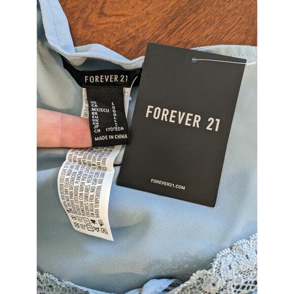 Forever 21 Peplum Blouse L Blue Gray Lace Cutout Keyhole Ruffled Neck Tie Square - Picture 3 of 11